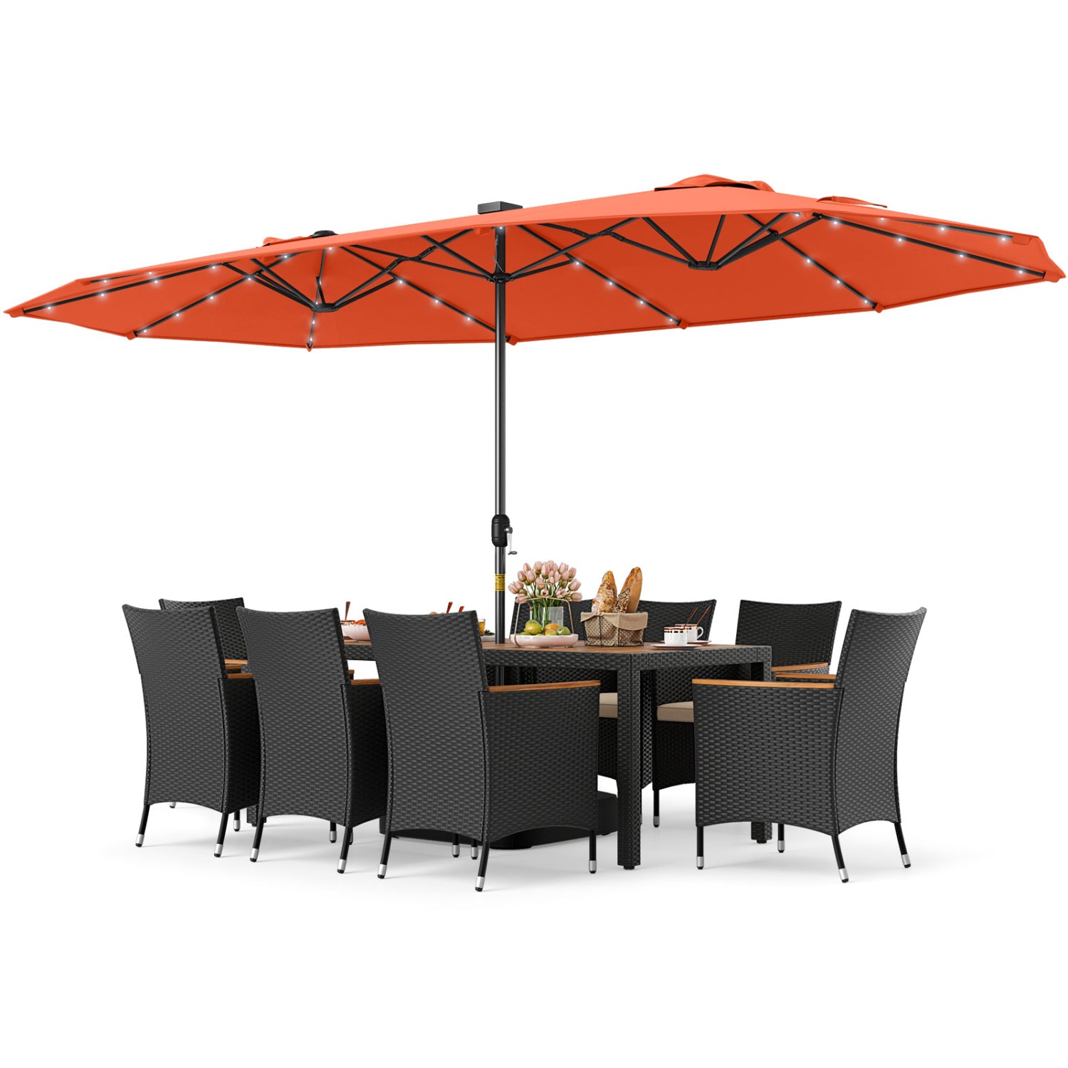 11 Piece Patio Dining Set, LED Umbrella With Base, Seat Cushions, Orange Beige Patio Dining Sets at Gallery Canada
