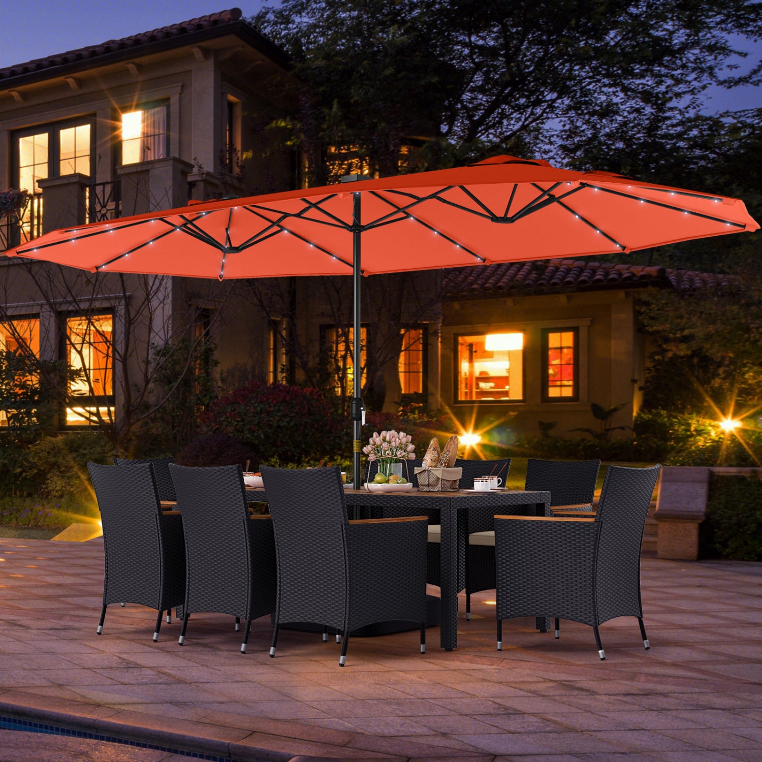 11 Piece Patio Dining Set, LED Umbrella With Base, Seat Cushions, Orange Beige Patio Dining Sets at Gallery Canada