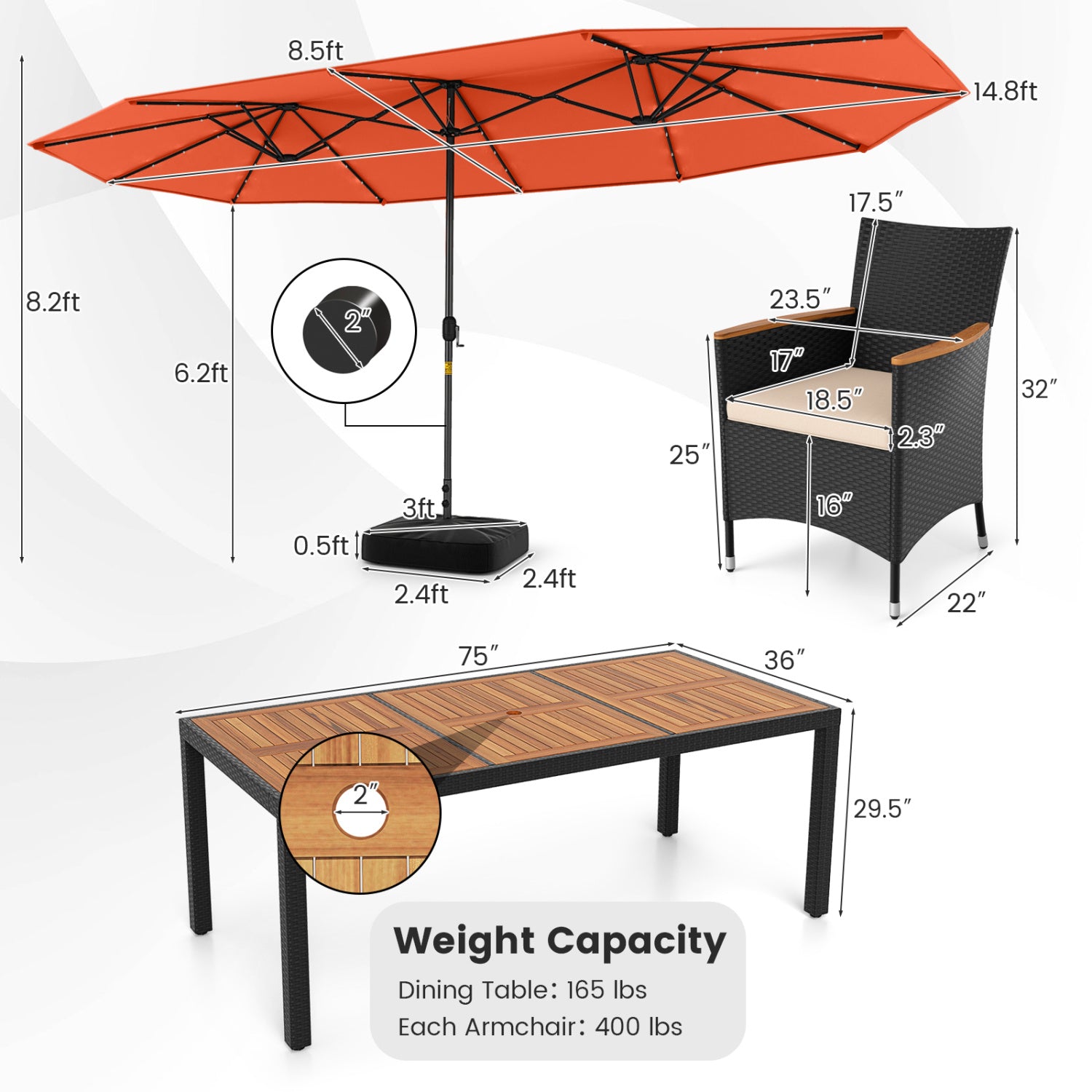 11 Piece Patio Dining Set, LED Umbrella With Base, Seat Cushions, Orange Beige Patio Dining Sets at Gallery Canada