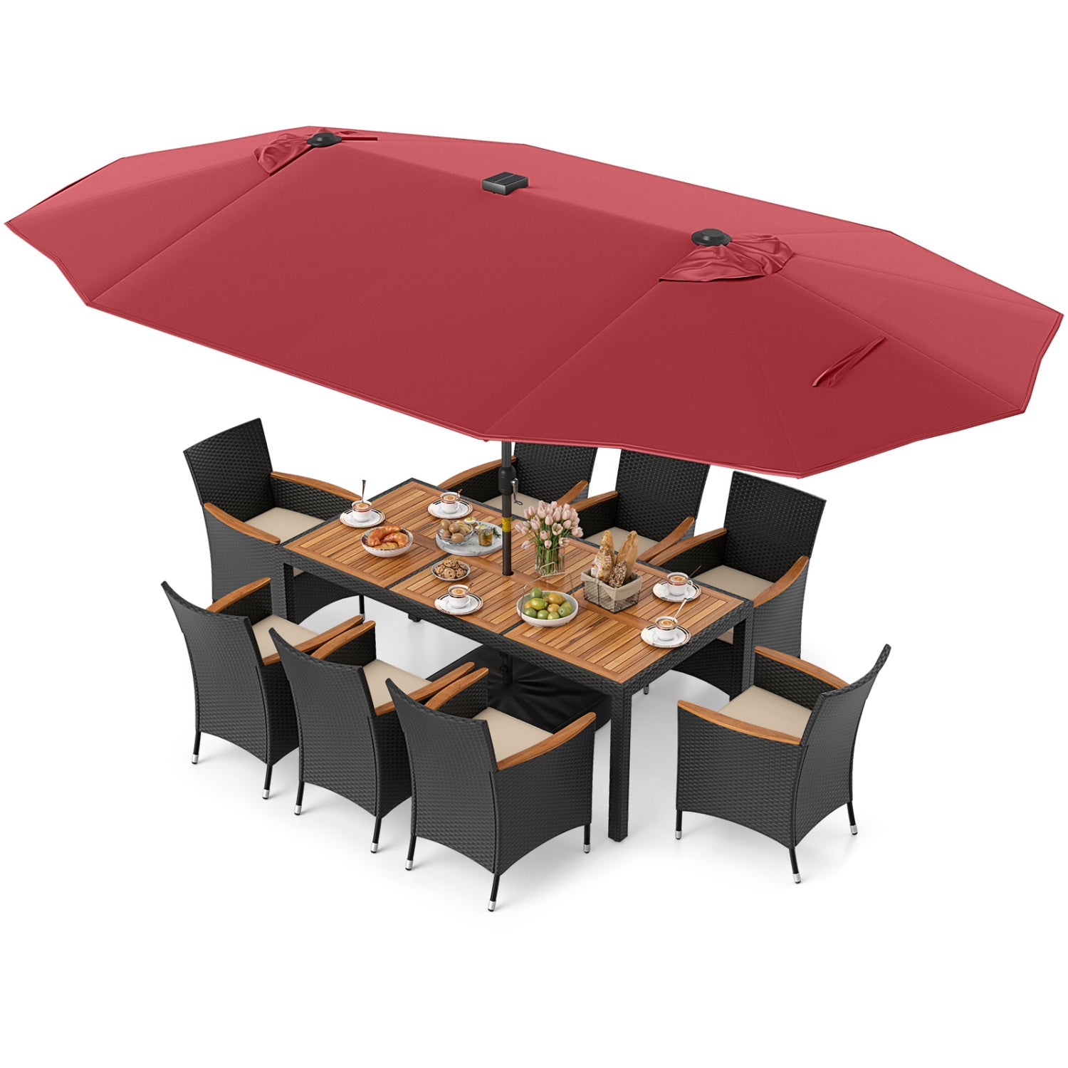 11-Piece Patio Dining Set, LED Umbrella With Base, Seat Cushions, Wine, Beige Patio Dining Sets Wine at Gallery Canada