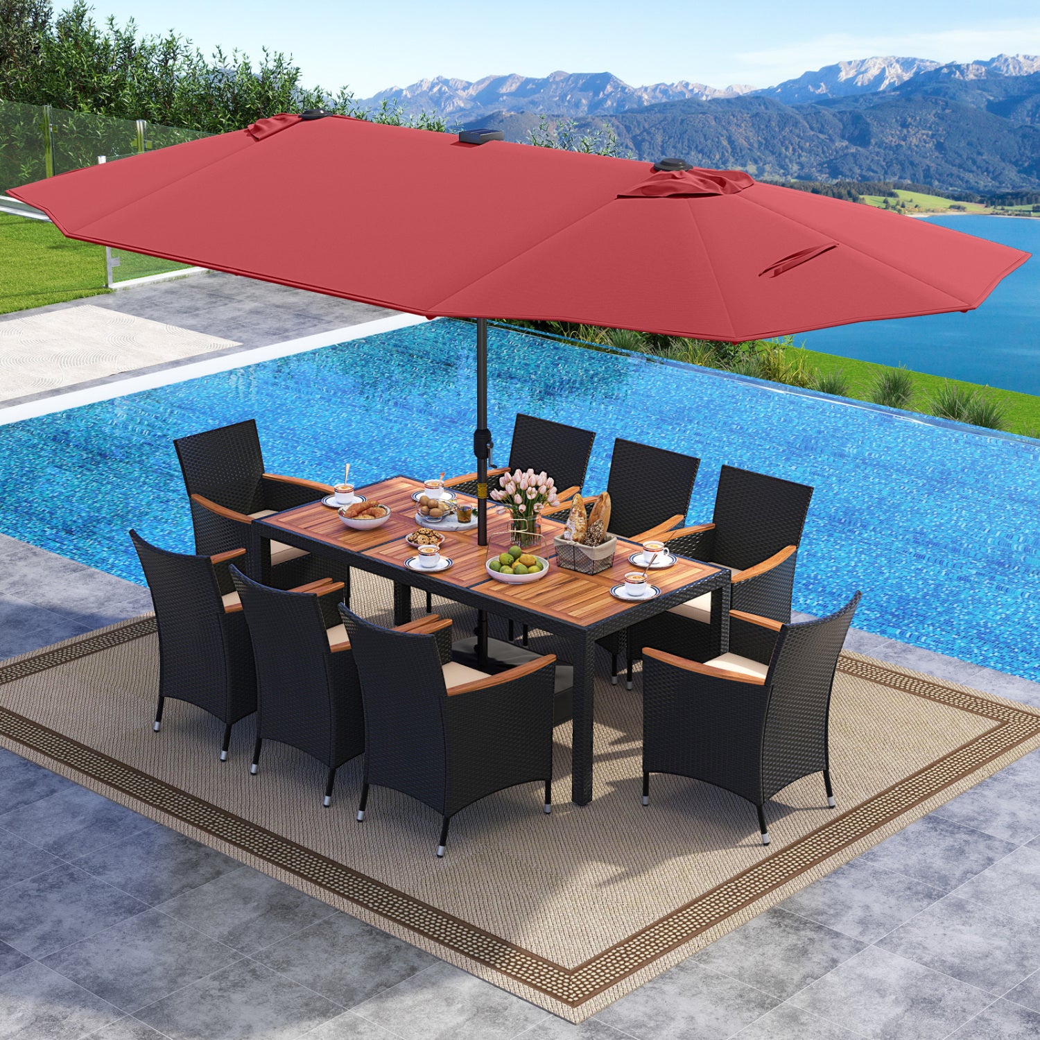 11-Piece Patio Dining Set, LED Umbrella With Base, Seat Cushions, Wine, Beige Patio Dining Sets at Gallery Canada