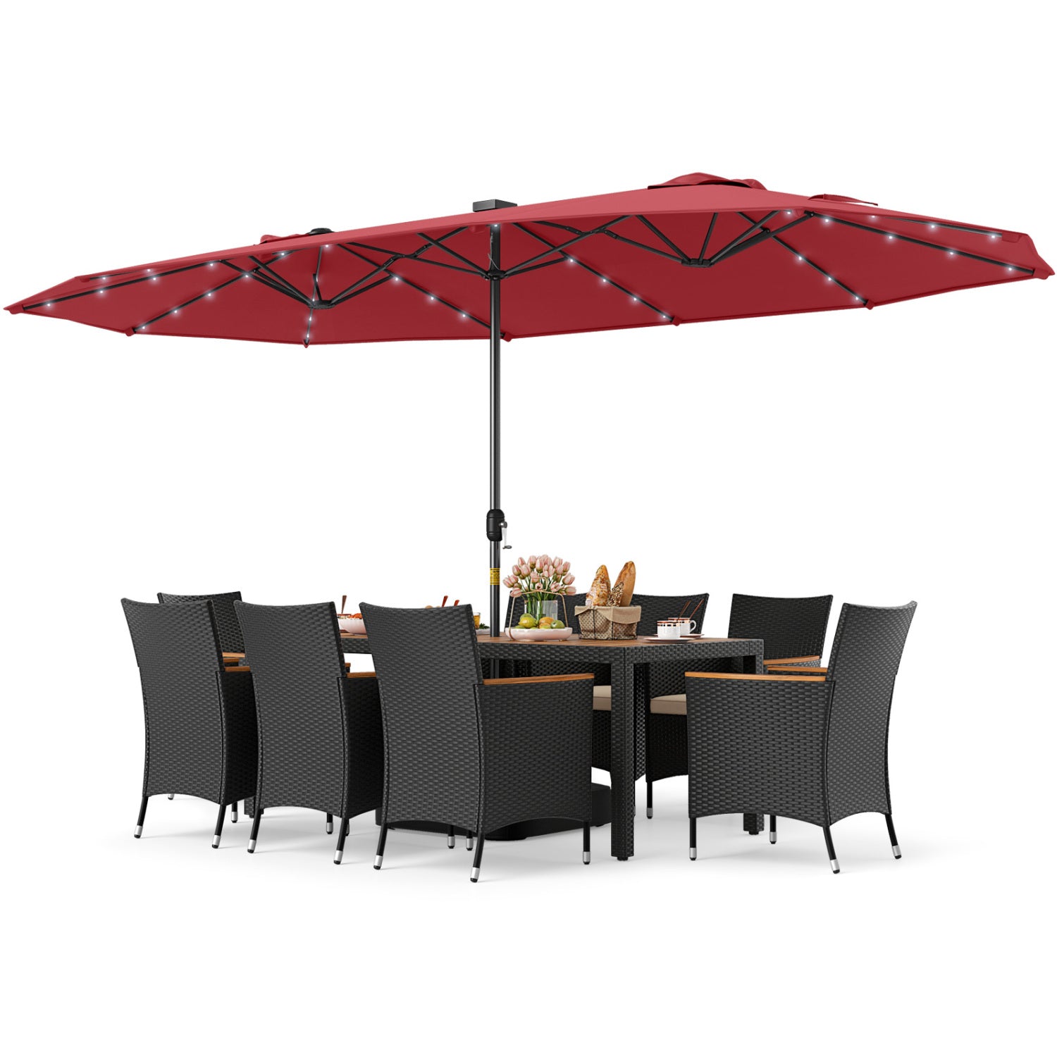 11-Piece Patio Dining Set, LED Umbrella With Base, Seat Cushions, Wine, Beige Patio Dining Sets at Gallery Canada