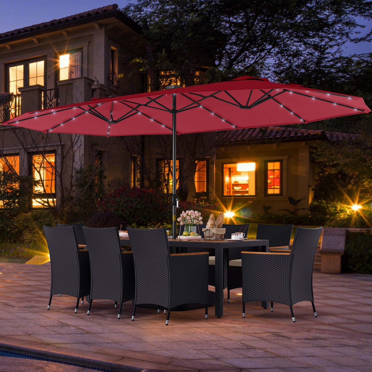 11-Piece Patio Dining Set, LED Umbrella With Base, Seat Cushions, Wine, Beige Patio Dining Sets at Gallery Canada