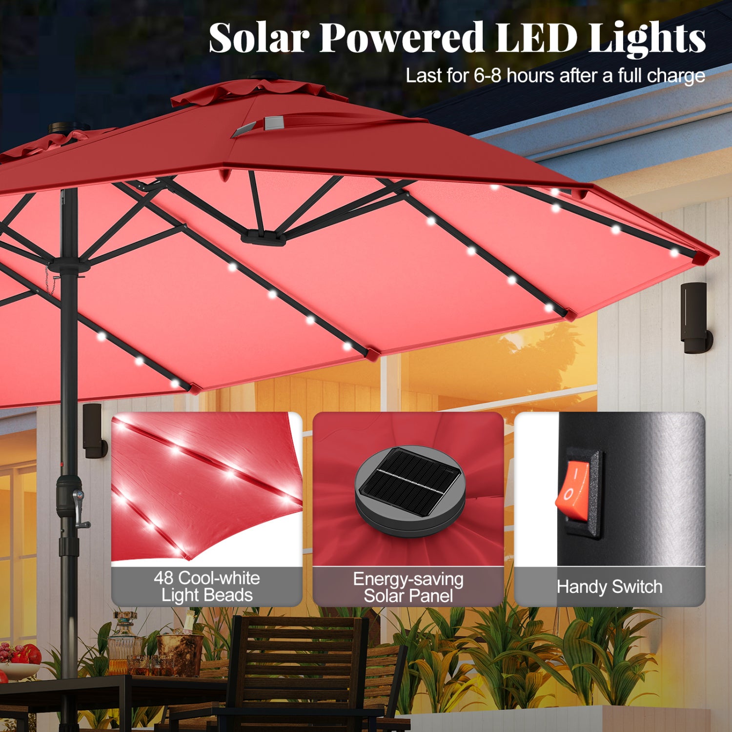 11-Piece Patio Dining Set, LED Umbrella With Base, Seat Cushions, Wine, Beige Patio Dining Sets at Gallery Canada
