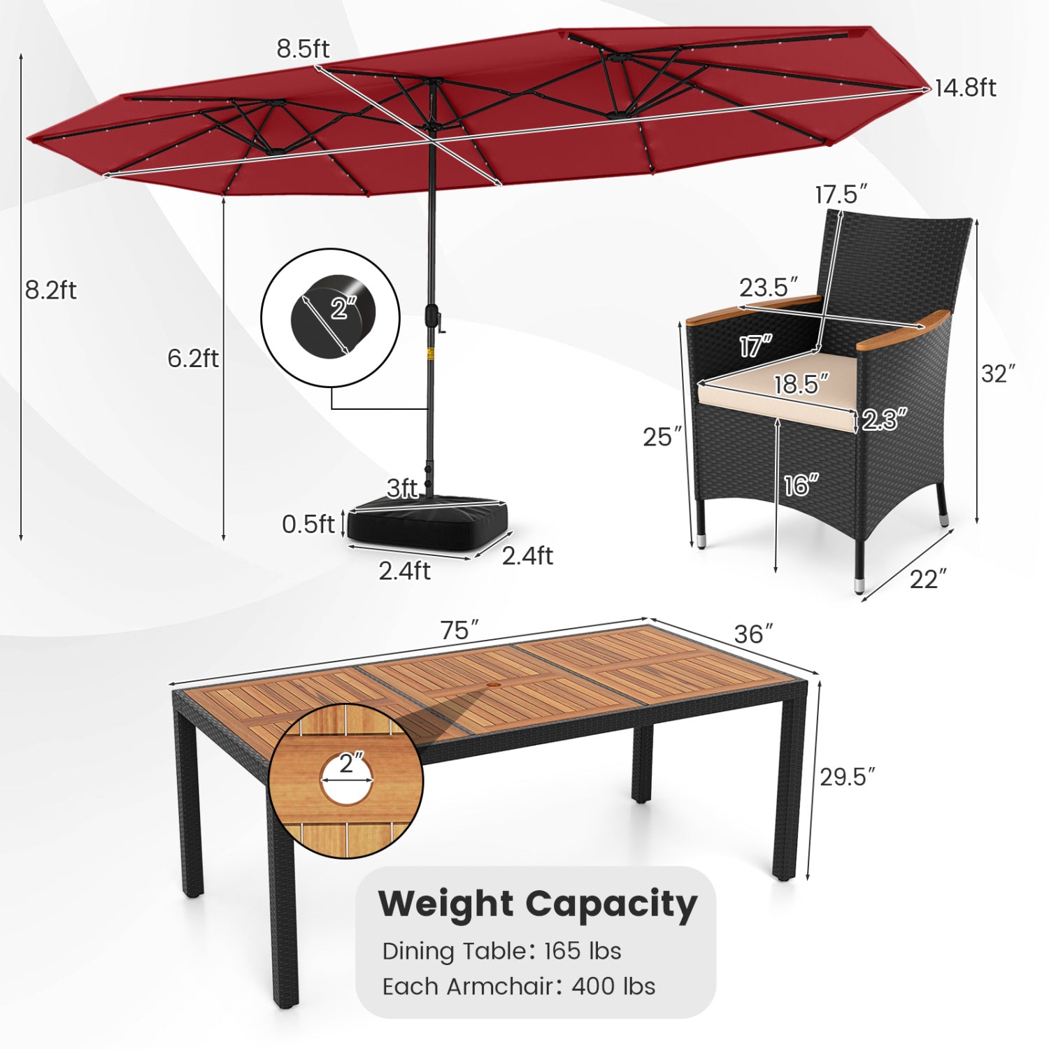 11-Piece Patio Dining Set, LED Umbrella With Base, Seat Cushions, Wine, Beige Patio Dining Sets at Gallery Canada