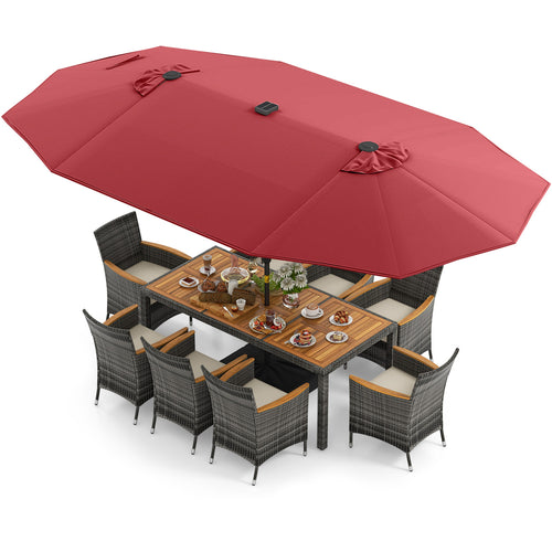 11-Piece Patio Dining Set, 15-Foot Double-Sided Umbrella Base, Wine