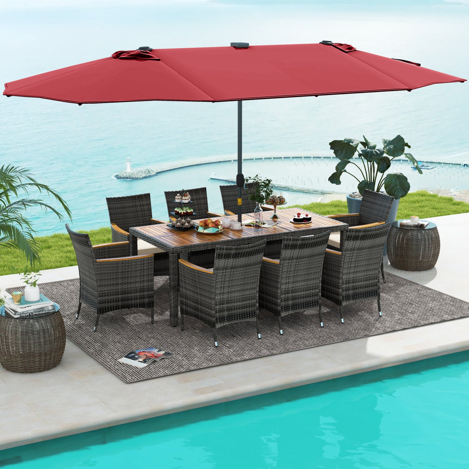 11-Piece Patio Dining Set, 15-Foot Double-Sided Umbrella Base, Wine Patio Dining Sets at Gallery Canada