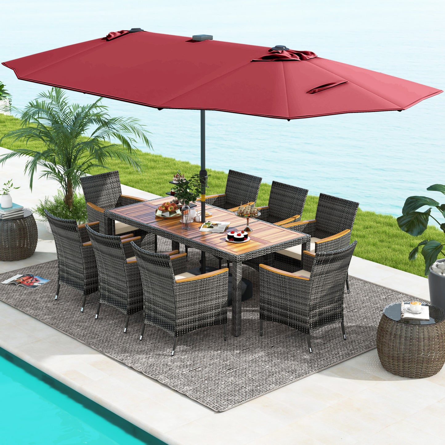 11-Piece Patio Dining Set, 15-Foot Double-Sided Umbrella Base, Wine Patio Dining Sets at Gallery Canada