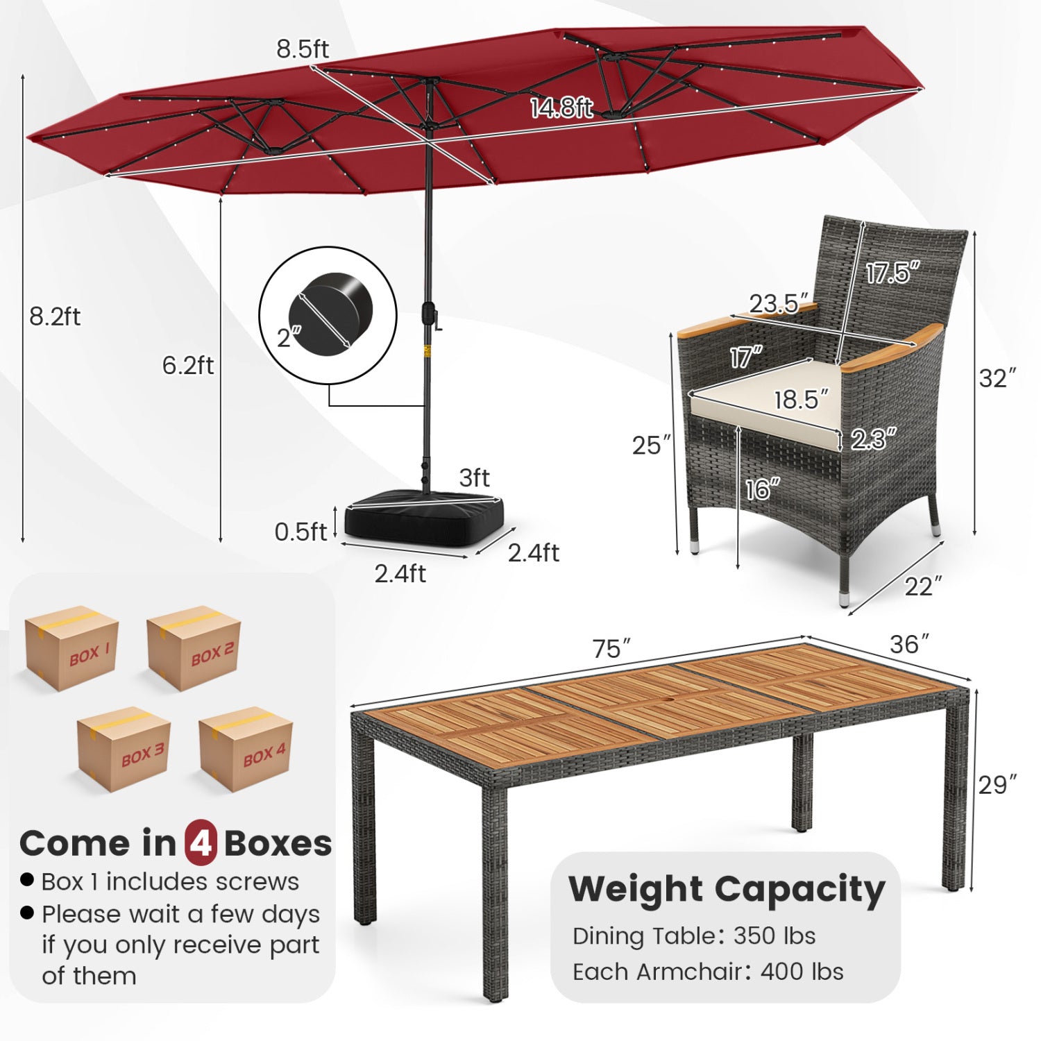 11-Piece Patio Dining Set, 15-Foot Double-Sided Umbrella Base, Wine Patio Dining Sets at Gallery Canada