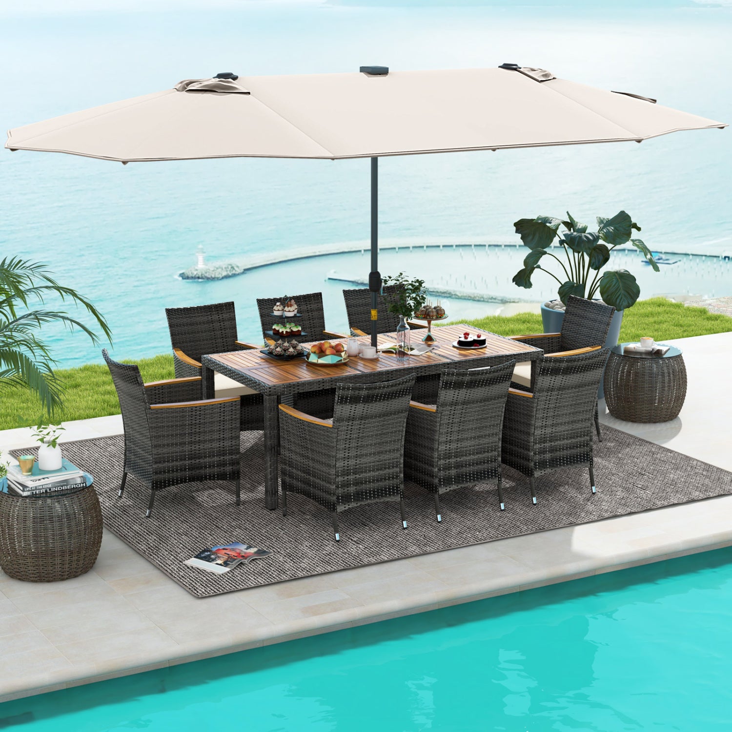 11-Piece Patio Dining Set, 15 Ft Umbrella Base, Beige Patio Furniture Sets at Gallery Canada