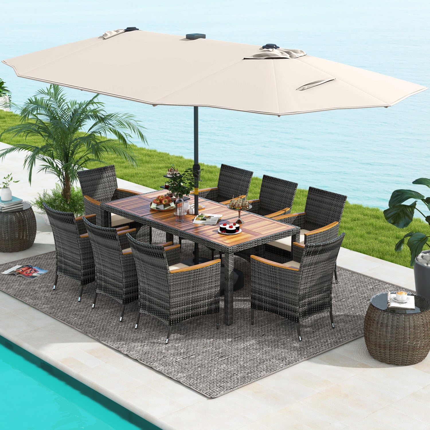 11-Piece Patio Dining Set, 15 Ft Umbrella Base, Beige Patio Furniture Sets at Gallery Canada