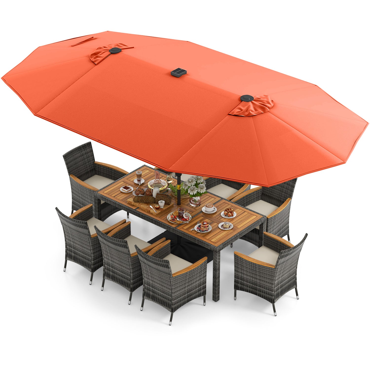 11-Piece Patio Dining Set, 15 Ft Double-Sided Umbrella Base, Orange Patio Dining Sets at Gallery Canada