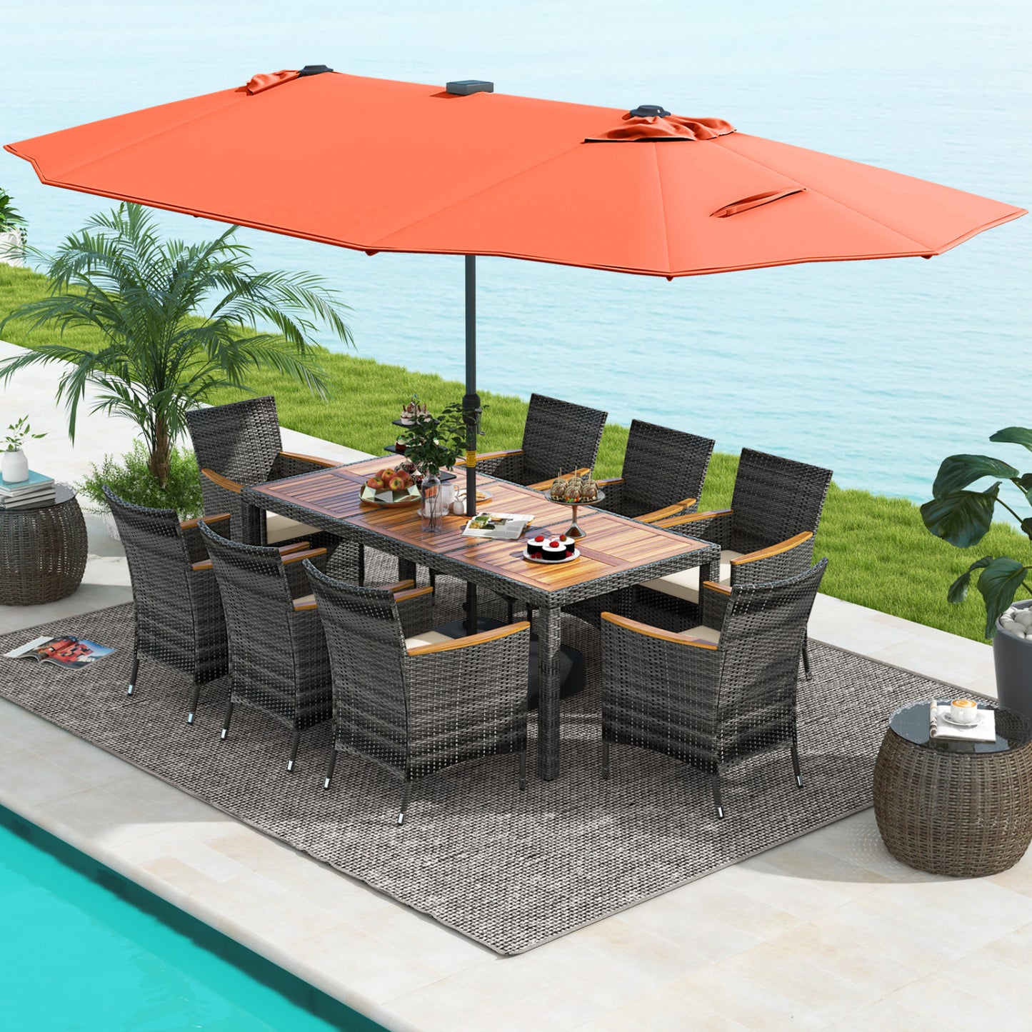 11-Piece Patio Dining Set, 15 Ft Double-Sided Umbrella Base, Orange Patio Dining Sets at Gallery Canada