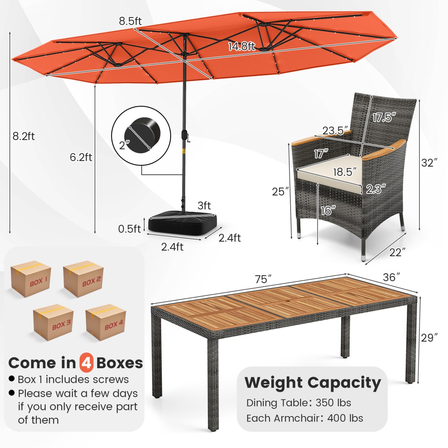 11-Piece Patio Dining Set, 15 Ft Double-Sided Umbrella Base, Orange Patio Dining Sets at Gallery Canada