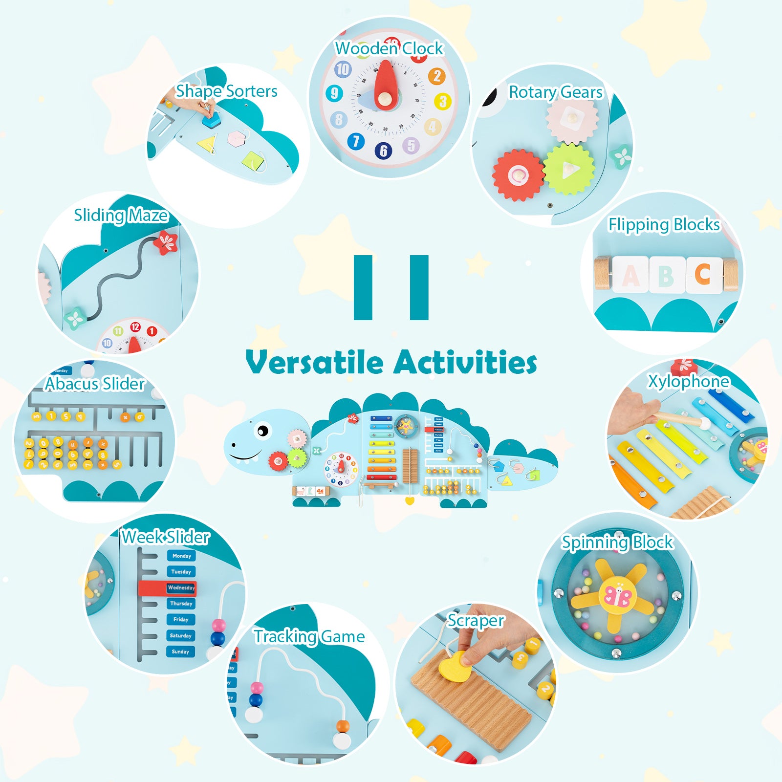 11-in-1 Dinosaur Activity Wall Busy Board Panels for Toddlers Education and Early Development, Blue Learning Toys at Gallery Canada