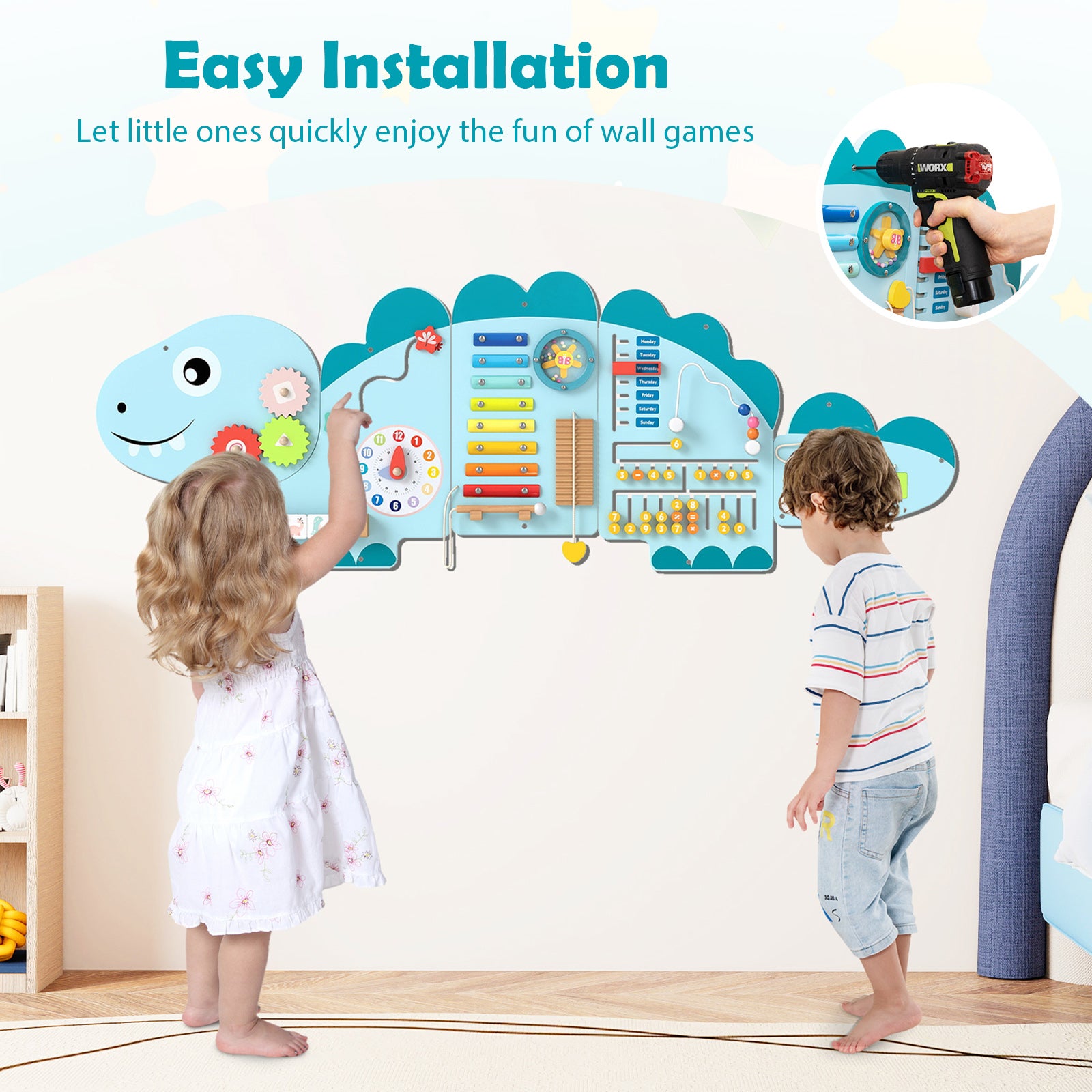 11-in-1 Dinosaur Activity Wall Busy Board Panels for Toddlers Education and Early Development, Blue Learning Toys at Gallery Canada