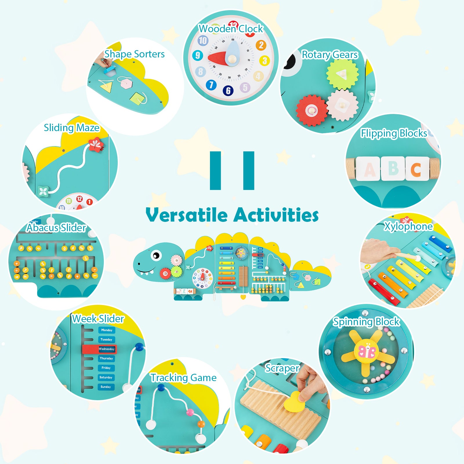 11-in-1 Dinosaur Activity Wall Busy Board Panels for Toddlers Education and Early Development, Green Learning Toys at Gallery Canada