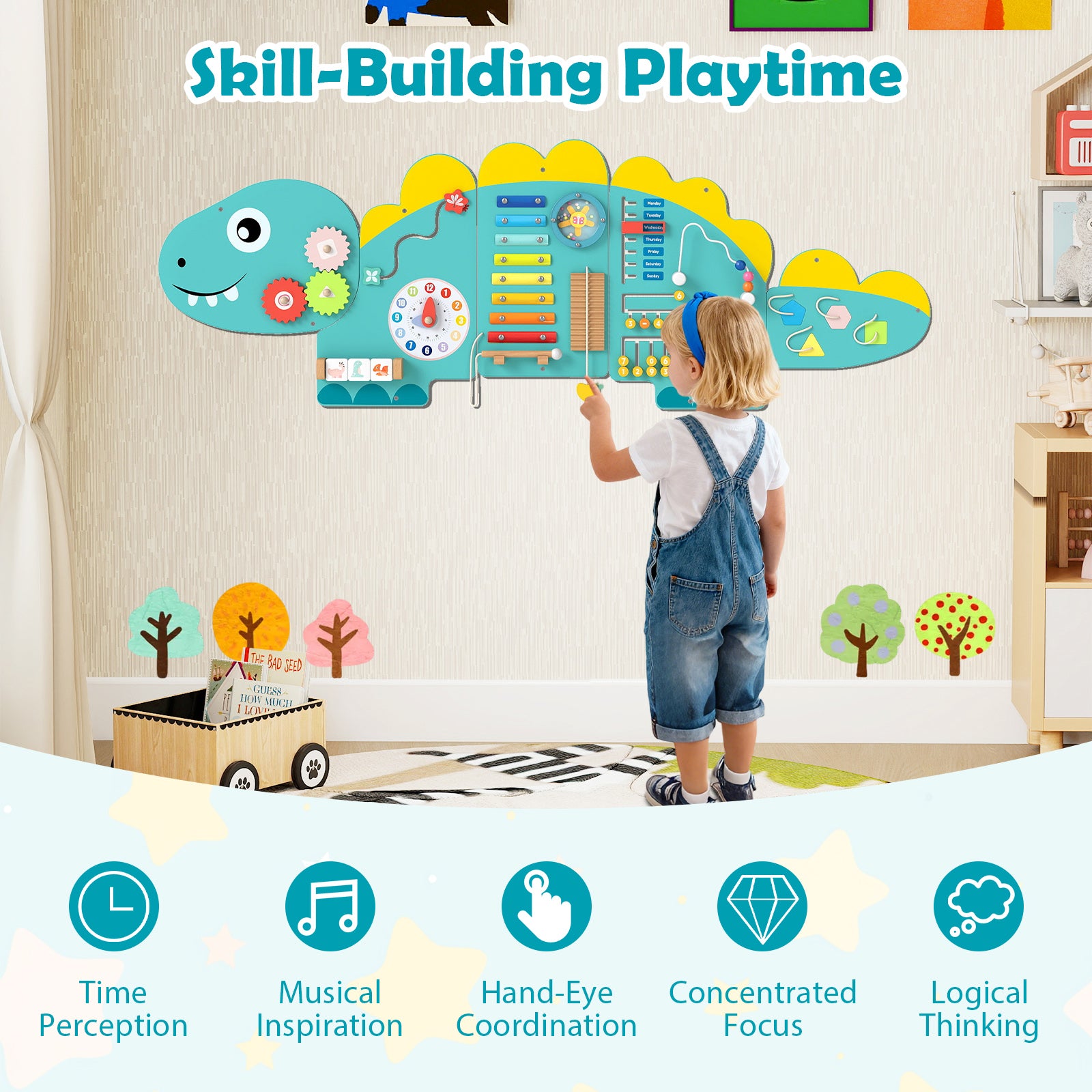 11-in-1 Dinosaur Activity Wall Busy Board Panels for Toddlers Education and Early Development, Green Learning Toys at Gallery Canada