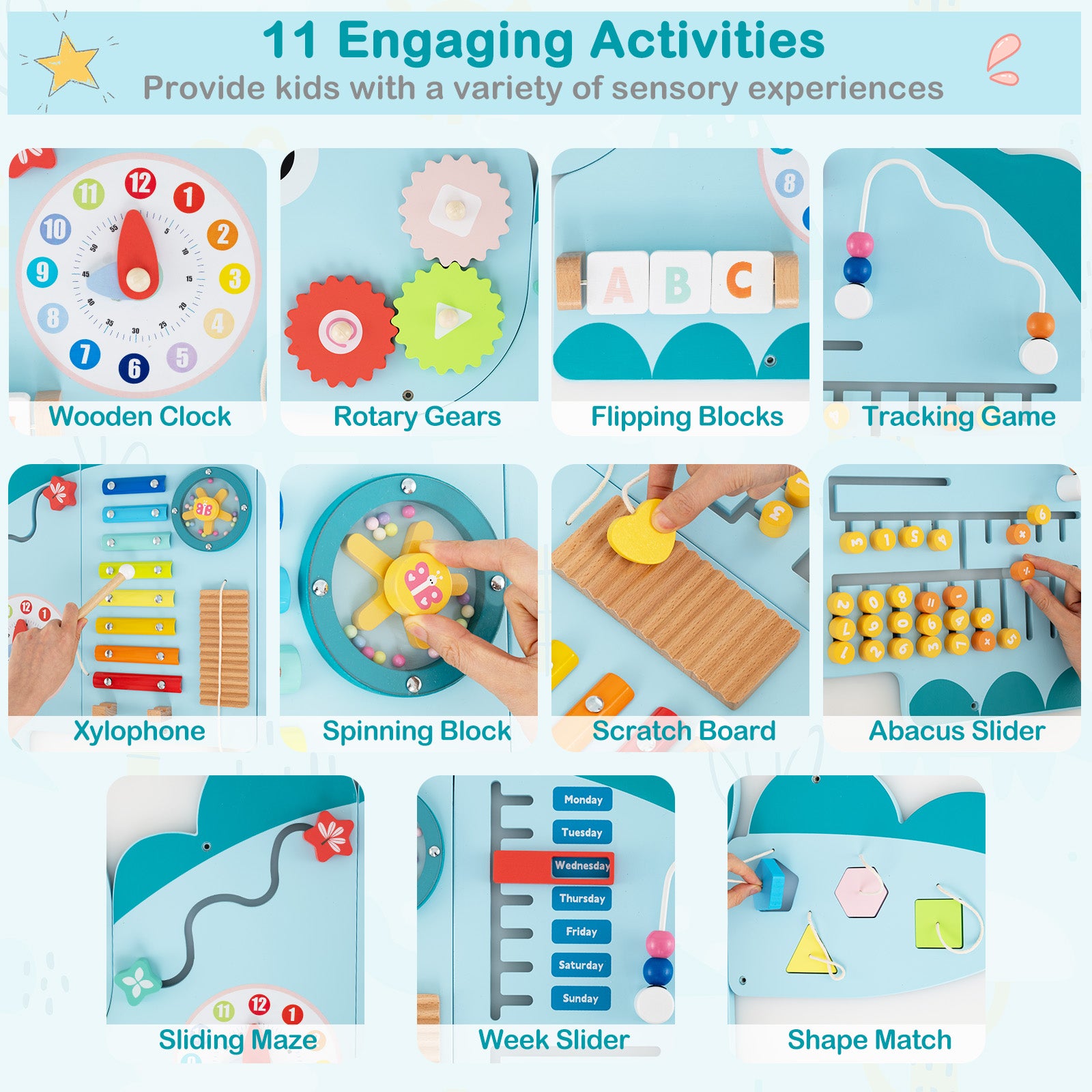 Dinosaur Activity Wall Busy Board, 11-in-1, Toddler Education, Blue Learning Toys at Gallery Canada