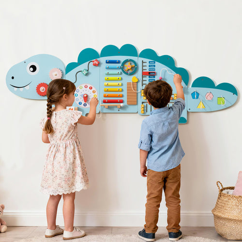 Dinosaur Activity Wall Busy Board, 11-in-1, Toddler Education, Blue
