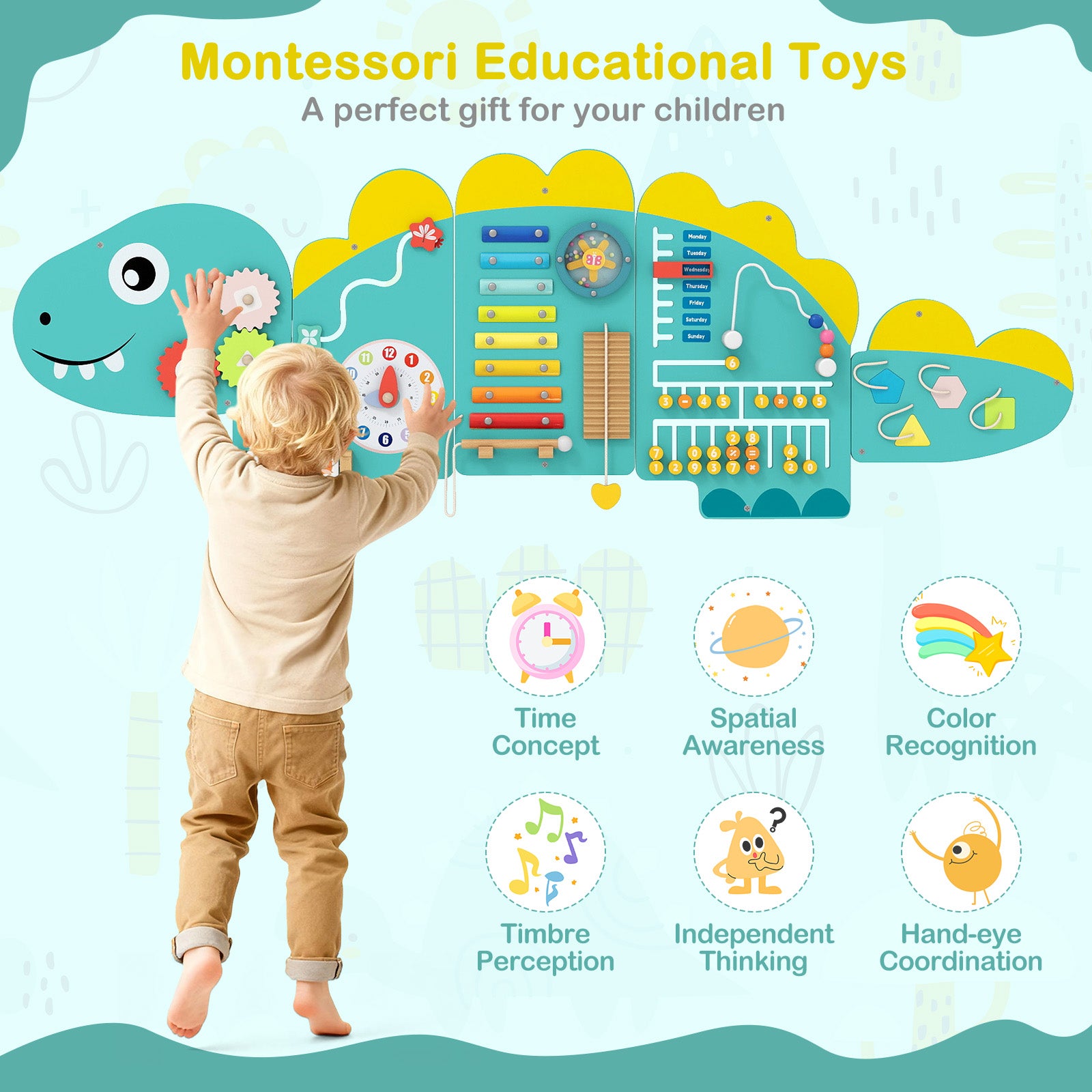 11-in-1 Dinosaur Busy Board, Activity Wall Panels For Toddlers, Green Learning Toys at Gallery Canada
