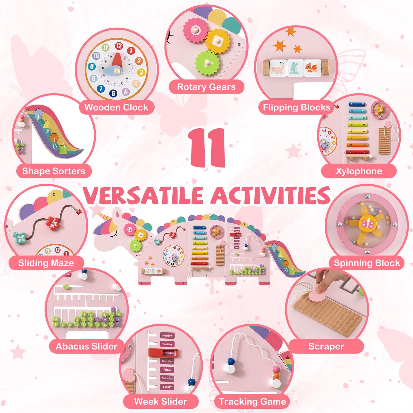11-in-1 Dinosaur Busy Board, Toddler Activity Wall Panel, Pink Learning Toys at Gallery Canada