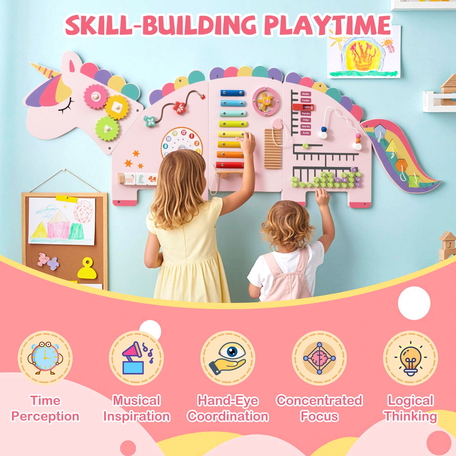 11-in-1 Dinosaur Busy Board, Toddler Activity Wall Panel, Pink Learning Toys at Gallery Canada