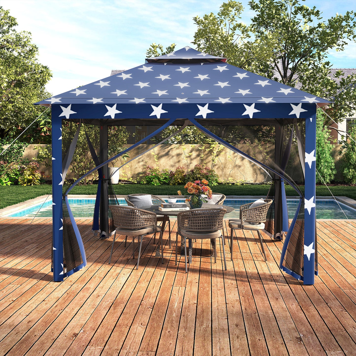 11 x 11 Feet 2-Tier Pop-Up Gazebo Tent Portable Canopy Shelter Carry Bag Mesh, Blue Gazebos at Gallery Canada
