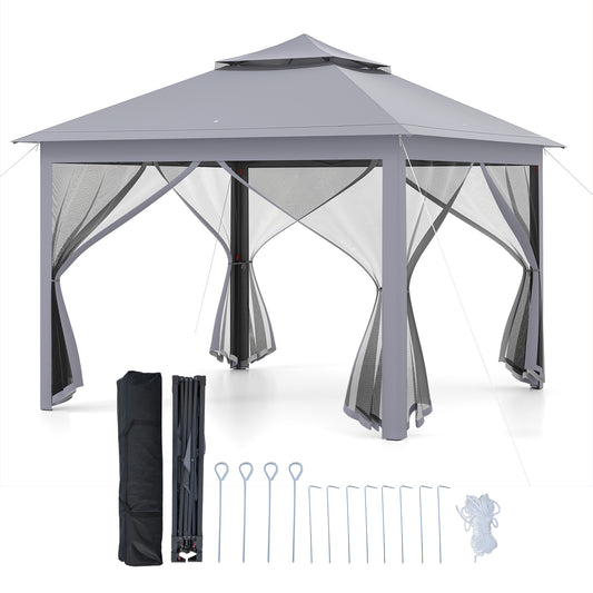 11 x 11 Feet 2-Tier Pop-Up Gazebo Tent Portable Canopy Shelter Carry Bag Mesh, Gray Gazebos Gray at Gallery Canada