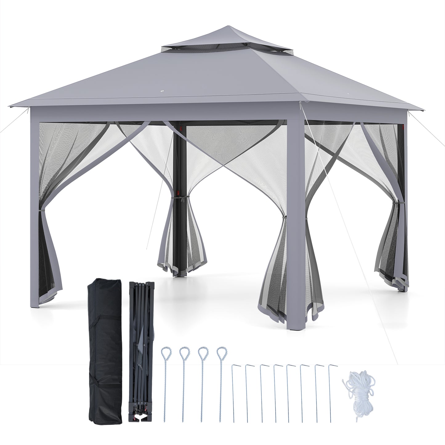 11 x 11 Feet 2-Tier Pop-Up Gazebo Tent Portable Canopy Shelter Carry Bag Mesh, Gray Gazebos Gray at Gallery Canada