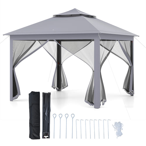 11 x 11 Feet 2-Tier Pop-Up Gazebo Tent Portable Canopy Shelter Carry Bag Mesh, Gray