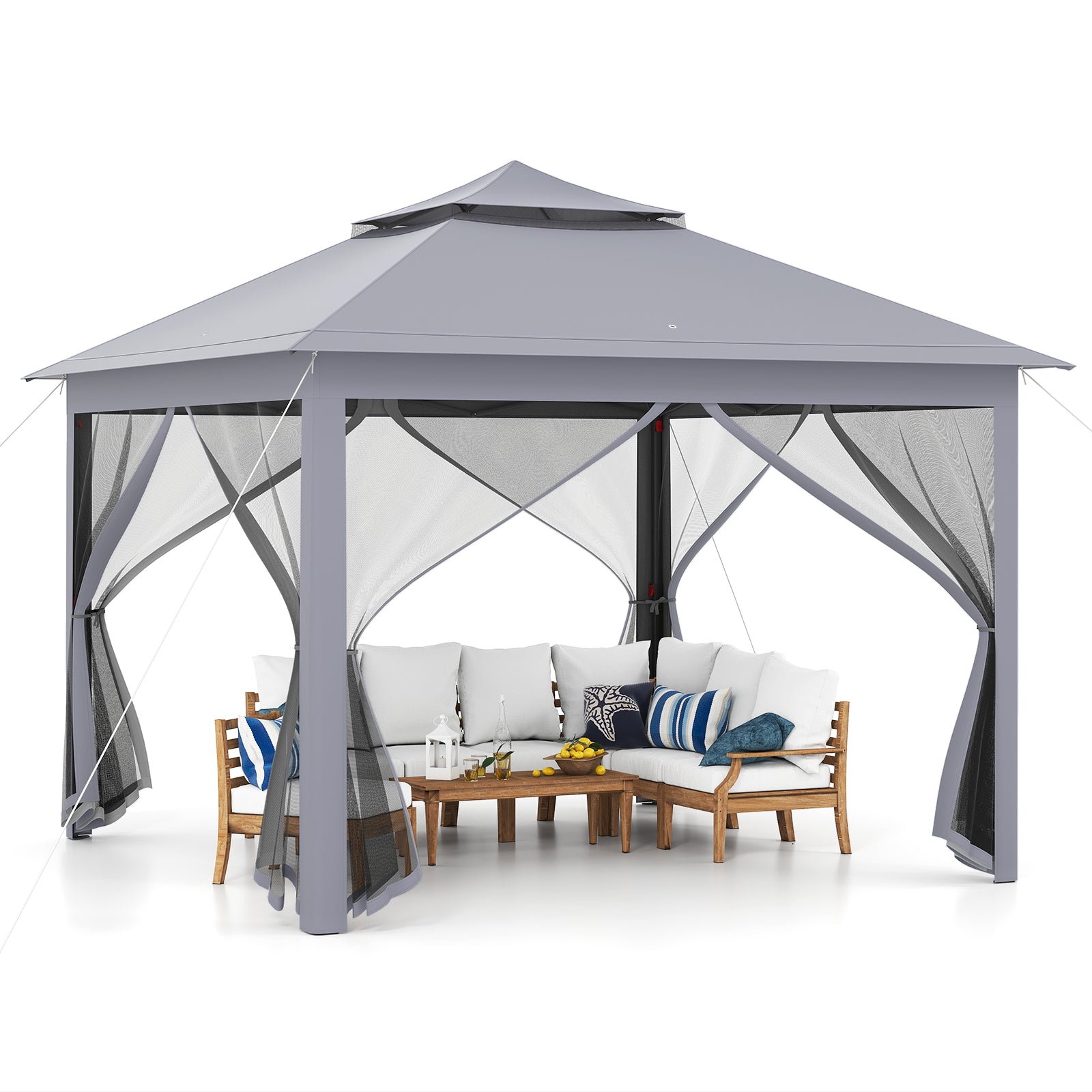 11 x 11 Feet 2-Tier Pop-Up Gazebo Tent Portable Canopy Shelter Carry Bag Mesh, Gray Gazebos at Gallery Canada