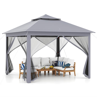 11 x 11 Feet 2-Tier Pop-Up Gazebo Tent Portable Canopy Shelter Carry Bag Mesh, Gray Gazebos at Gallery Canada
