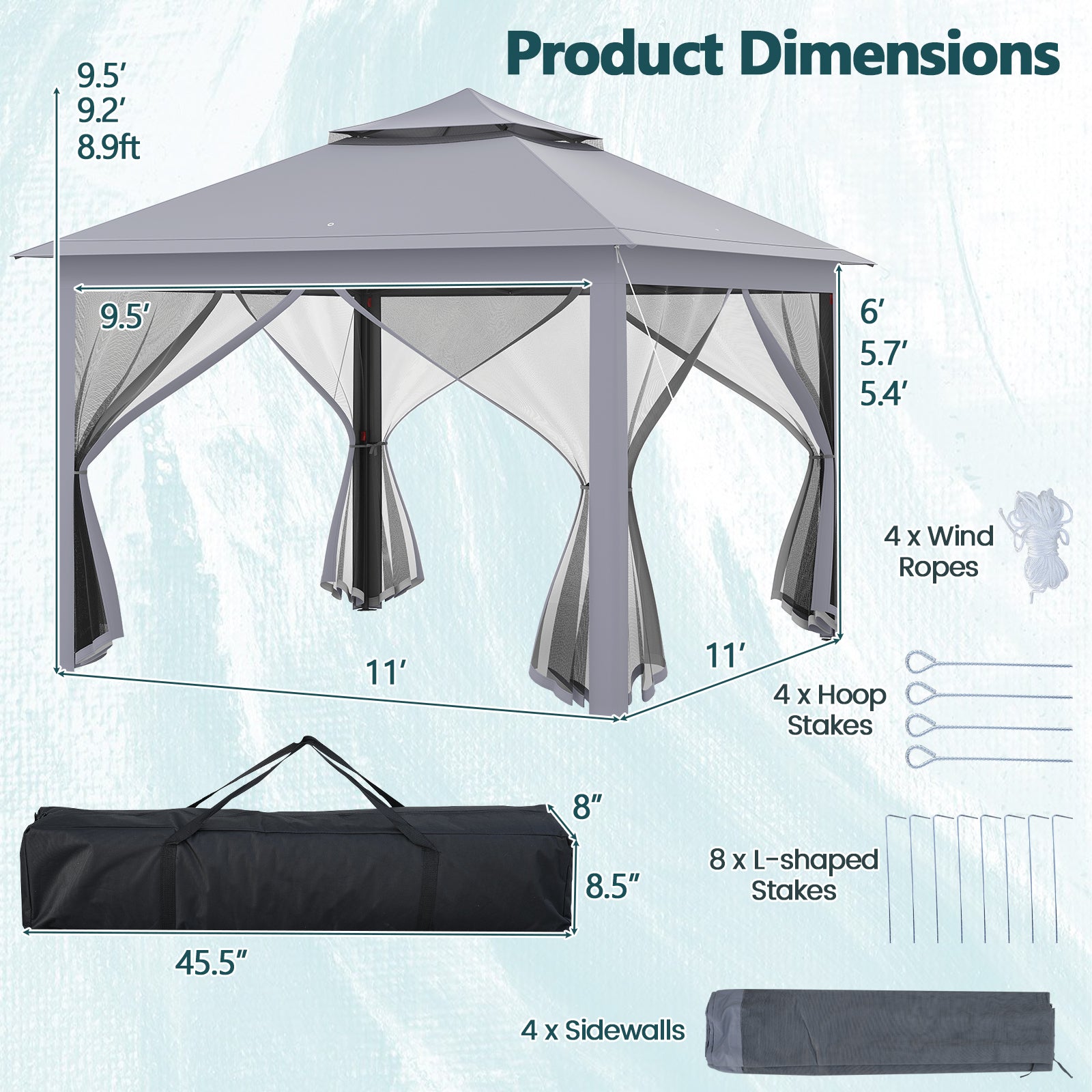 11 x 11 Feet 2-Tier Pop-Up Gazebo Tent Portable Canopy Shelter Carry Bag Mesh, Gray Gazebos at Gallery Canada