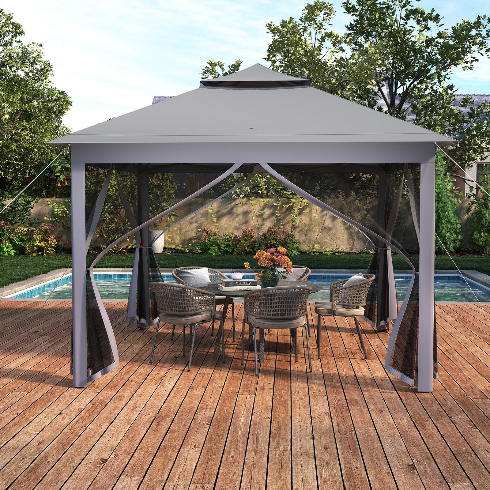 11 x 11 Feet 2-Tier Pop-Up Gazebo Tent Portable Canopy Shelter Carry Bag Mesh, Gray Gazebos at Gallery Canada