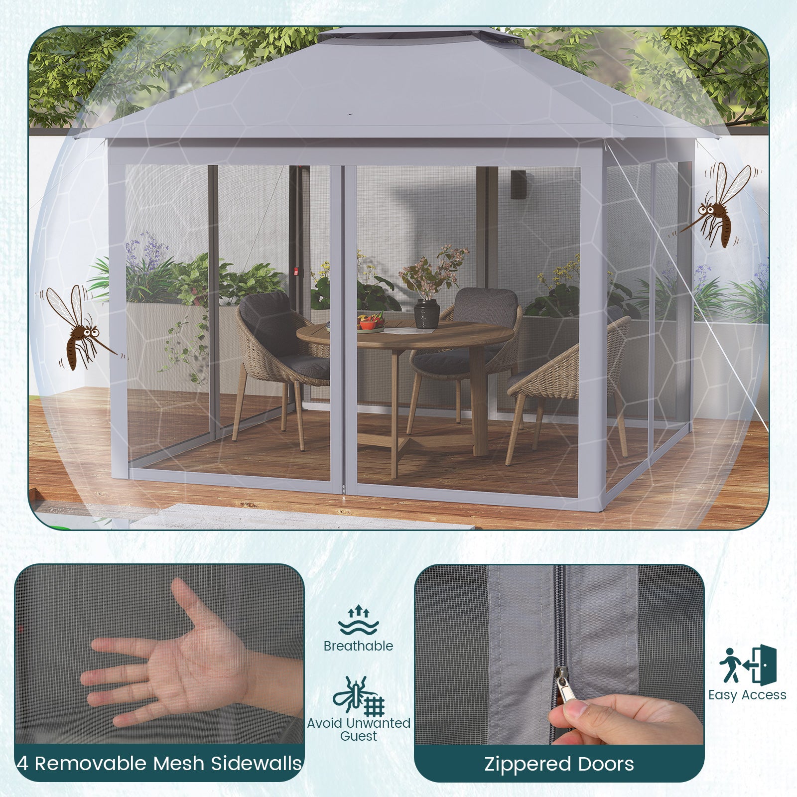 11 x 11 Feet 2-Tier Pop-Up Gazebo Tent Portable Canopy Shelter Carry Bag Mesh, Gray Gazebos at Gallery Canada