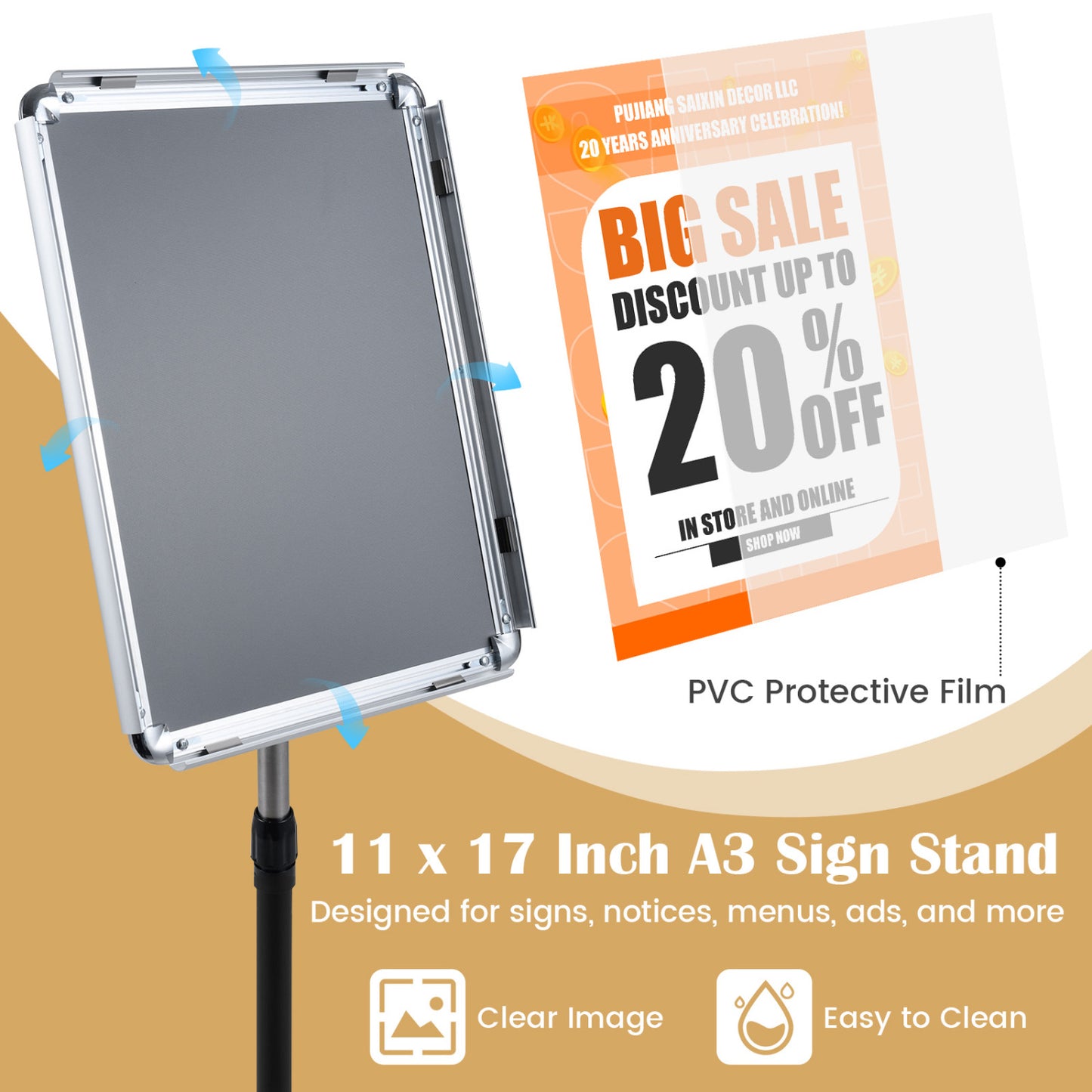 11x17" Height Adjustable Sign Holder Stand, Silver