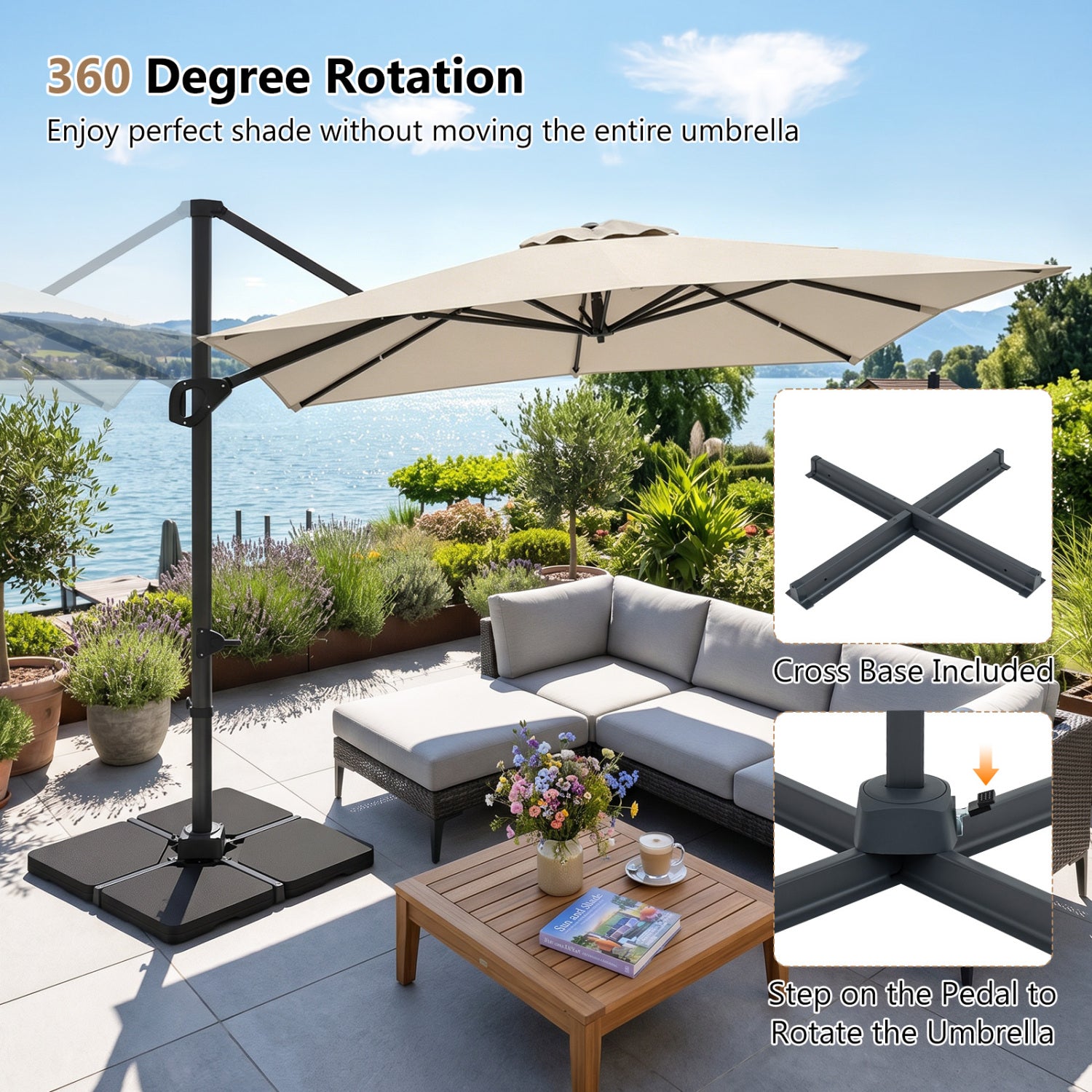 11 x 9 FT Aluminum Pole Outdoor Offset Hanging Umbrella with 360° Rotation, Beige Outdoor Umbrellas at Gallery Canada