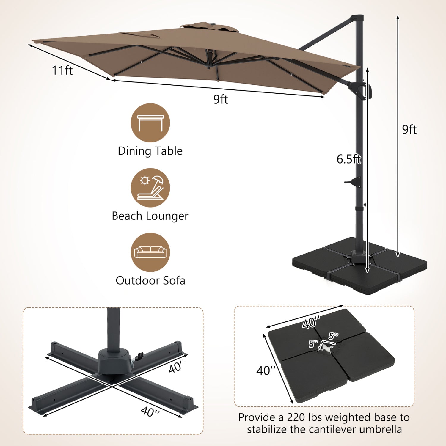 11 x 9 FT Aluminum Pole Outdoor Offset Hanging Umbrella with 360° Rotation, Brown Outdoor Umbrellas at Gallery Canada