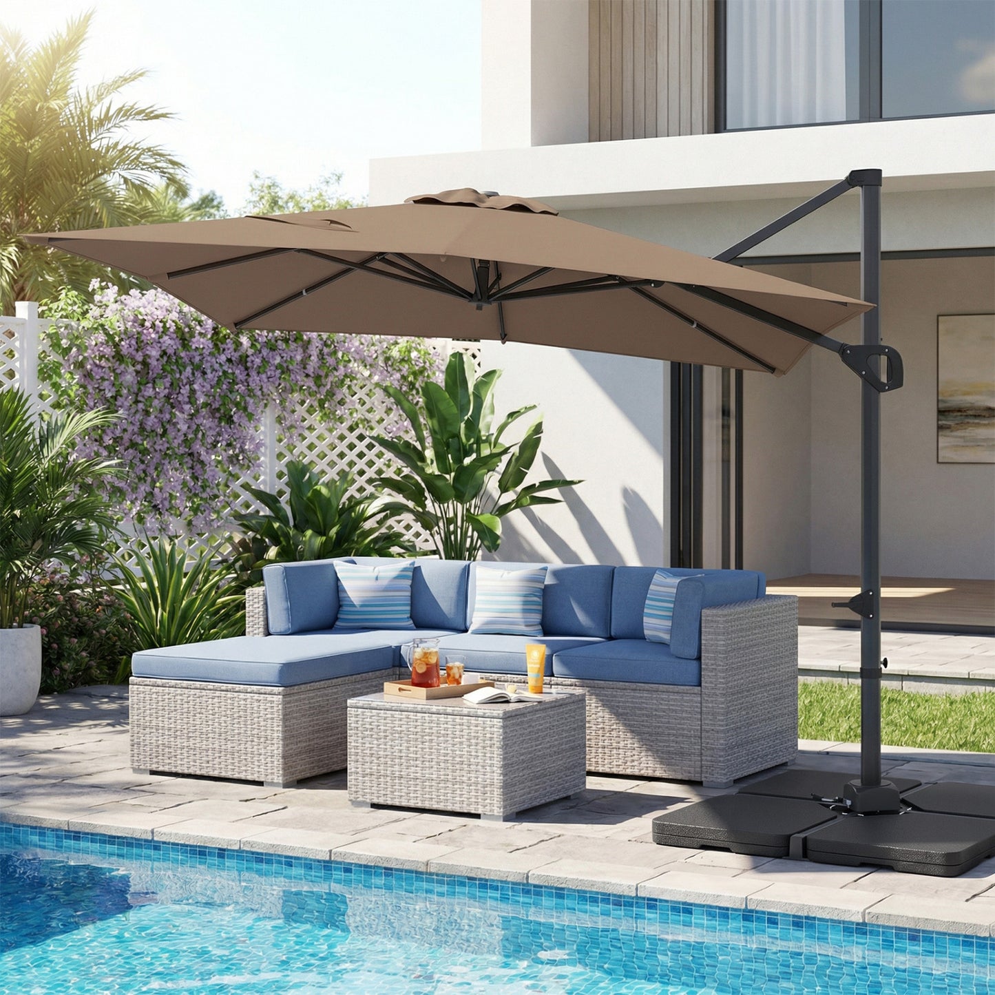 11 x 9 FT Aluminum Pole Outdoor Offset Hanging Umbrella with 360° Rotation, Brown Outdoor Umbrellas at Gallery Canada