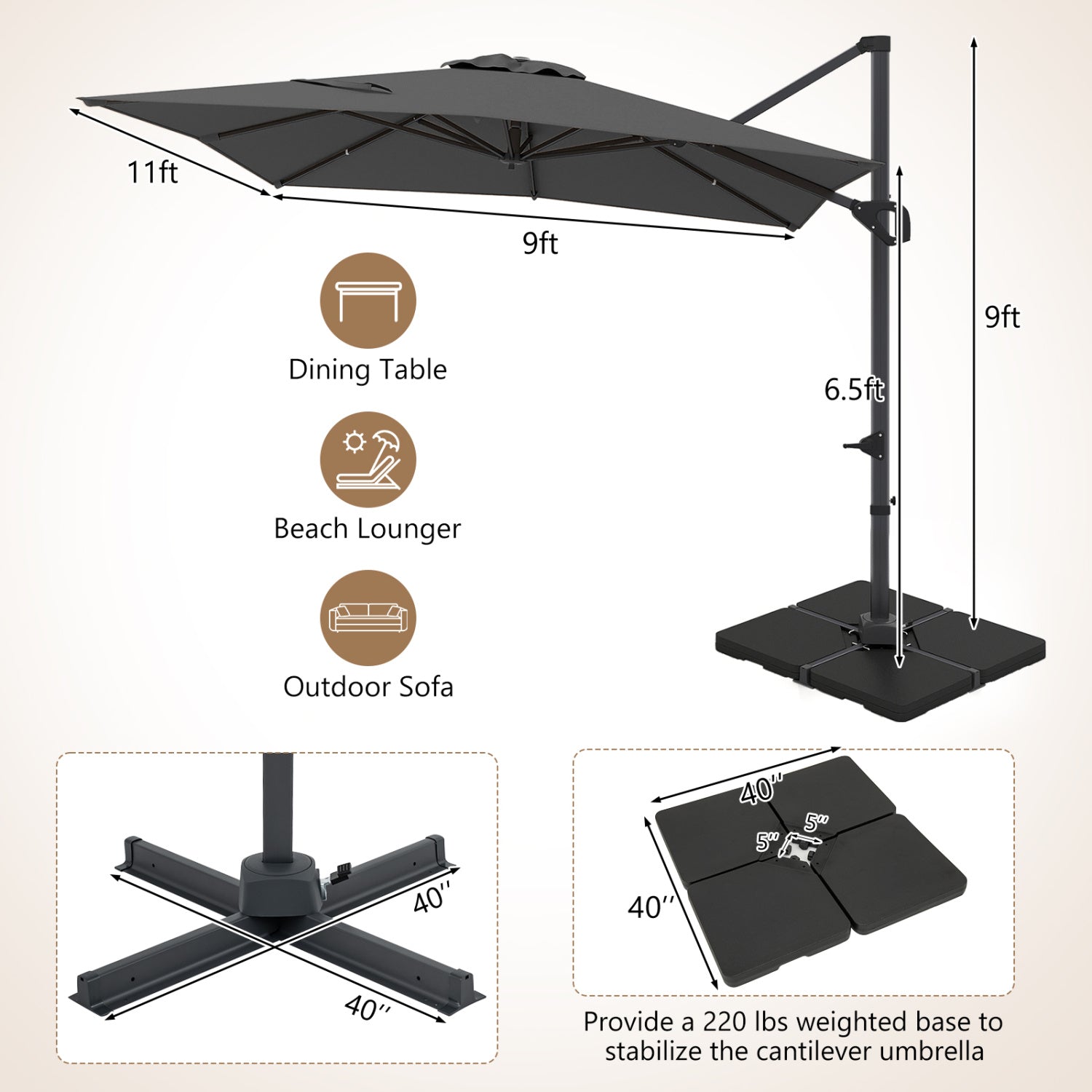 11 x 9 FT Aluminum Pole Outdoor Offset Hanging Umbrella with 360° Rotation, Gray Outdoor Umbrellas at Gallery Canada
