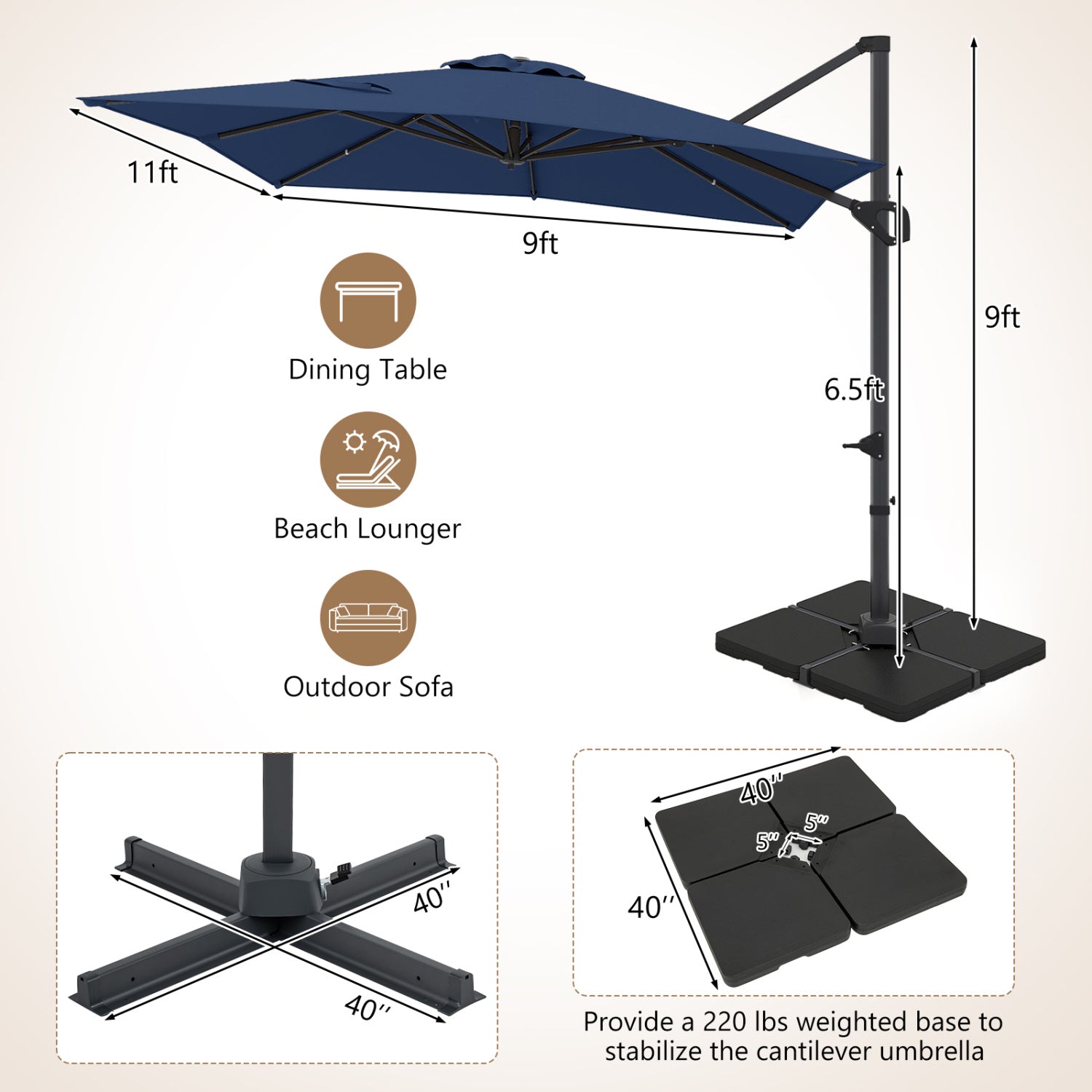 11 x 9 FT Aluminum Pole Outdoor Offset Hanging Umbrella with 360° Rotation, Dark Blue Outdoor Umbrellas at Gallery Canada