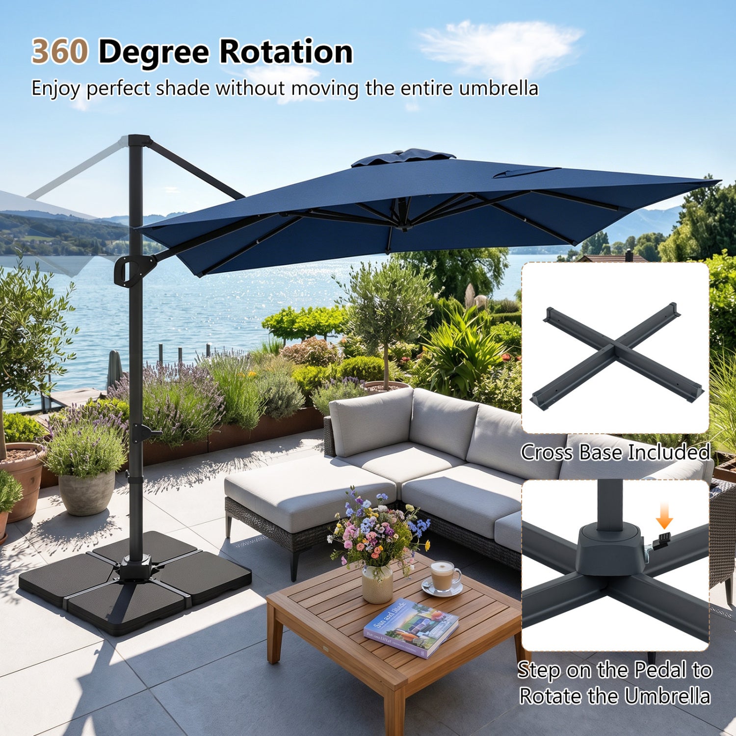 11 x 9 FT Aluminum Pole Outdoor Offset Hanging Umbrella with 360° Rotation, Dark Blue Outdoor Umbrellas at Gallery Canada