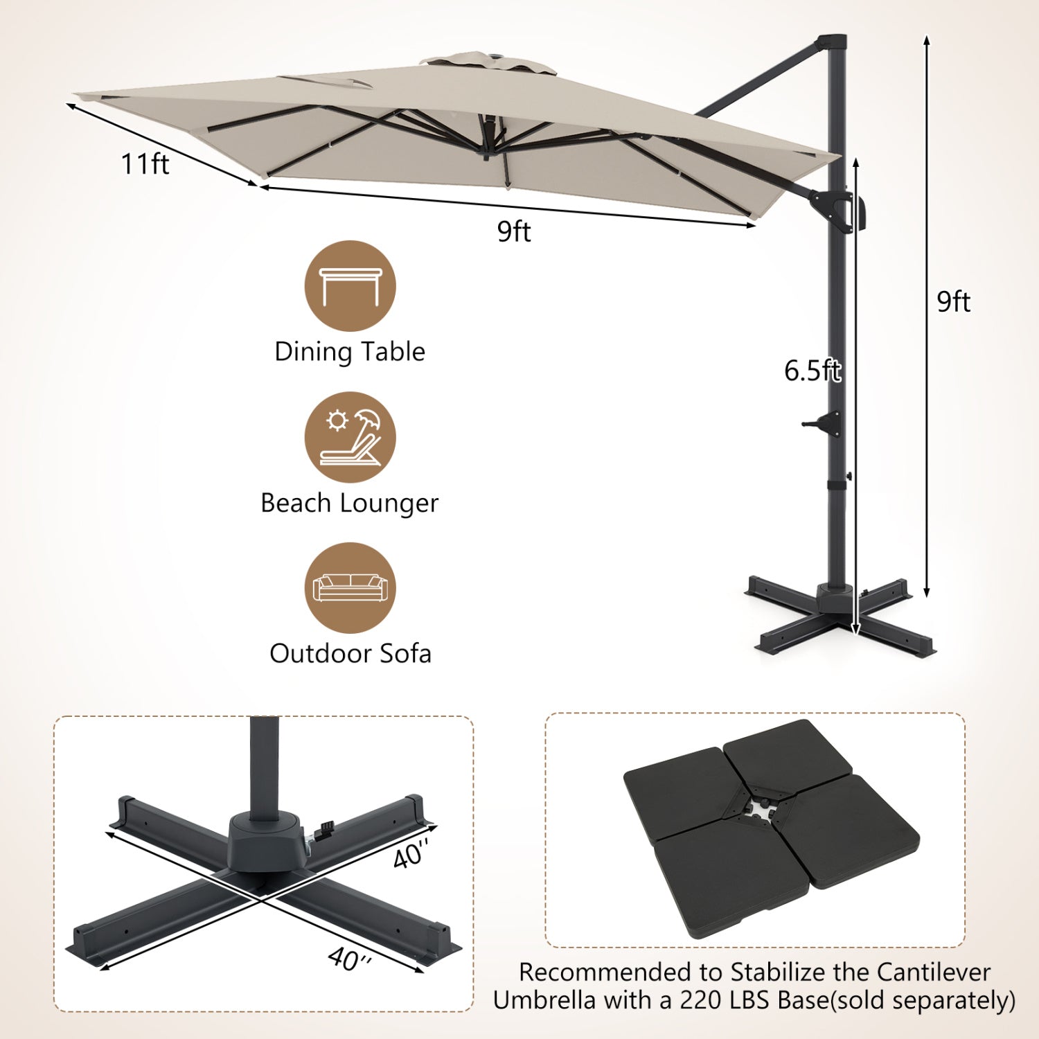 11 x 9 FT Cantilever Patio Umbrella, 360° Rotation, Easy Tilt, Beige Outdoor Umbrellas at Gallery Canada