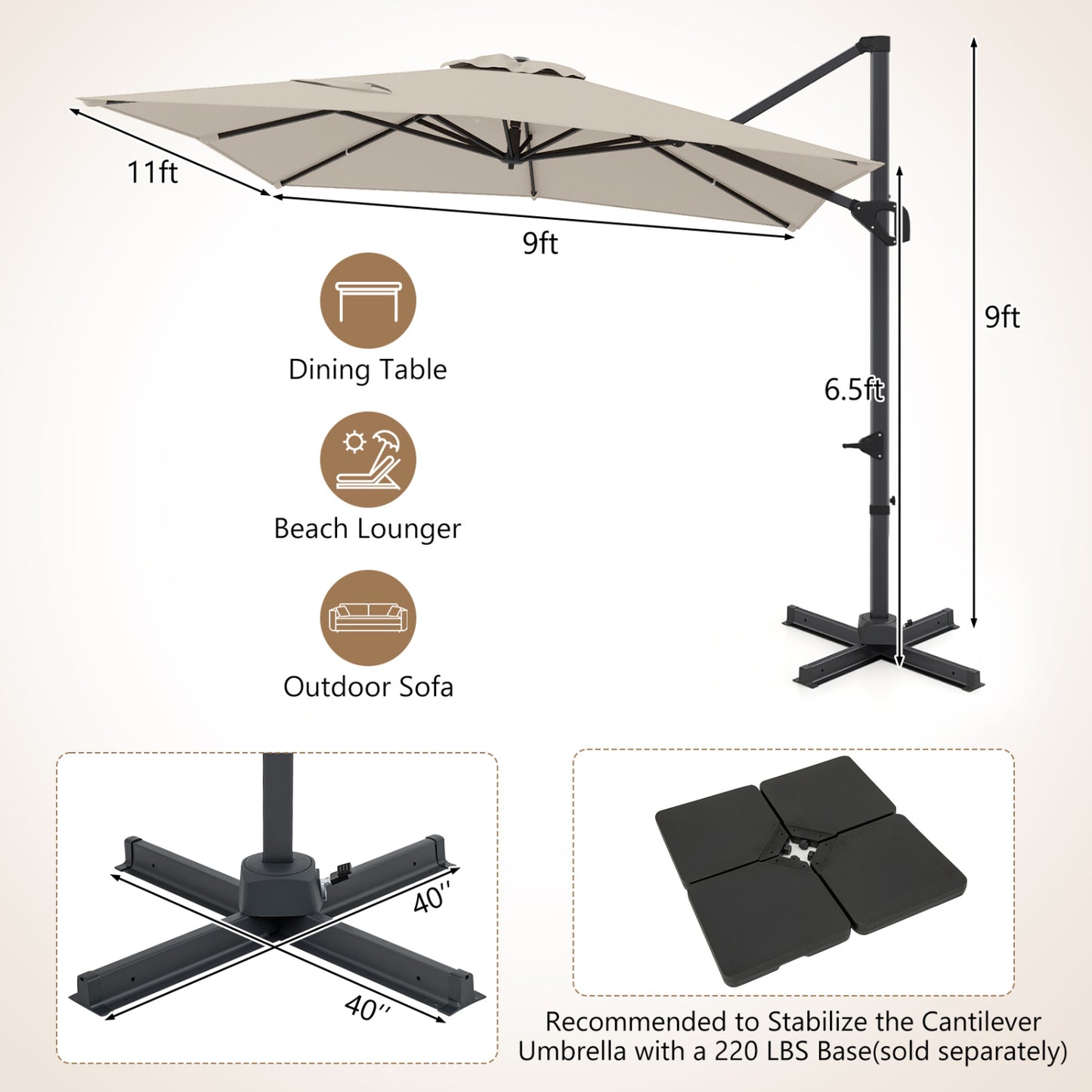11 x 9 FT Cantilever Patio Umbrella, 360° Rotation, Easy Tilt, Beige Outdoor Umbrellas at Gallery Canada
