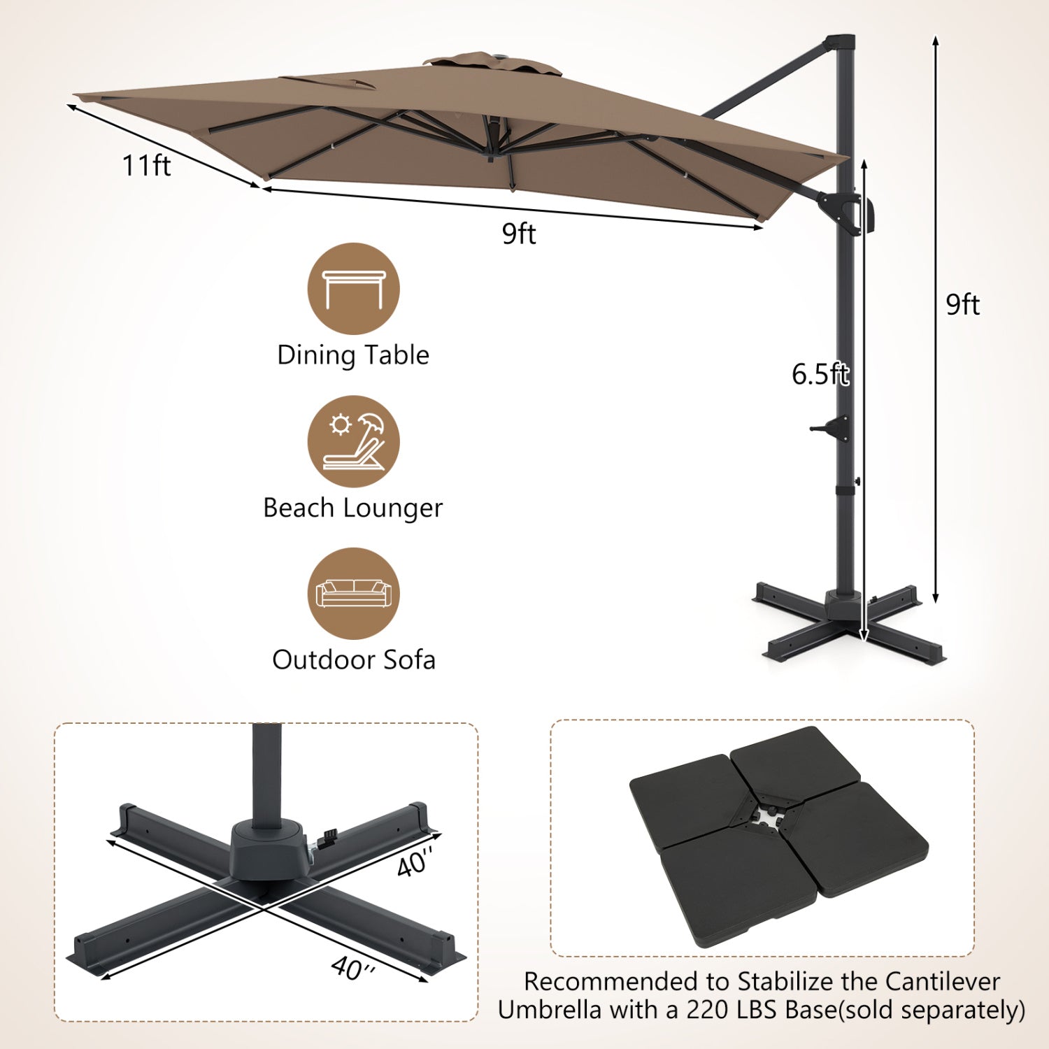 11 x 9 FT Cantilever Patio Umbrella, 360° Rotation, Easy Tilt, Brown Outdoor Umbrellas at Gallery Canada