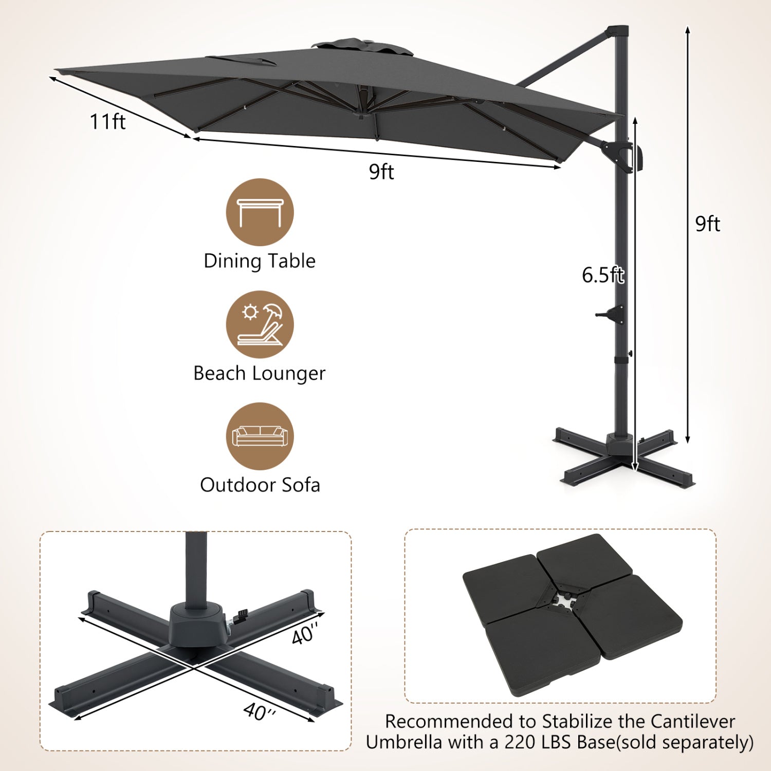 11 x 9 FT Cantilever Patio Umbrella, 360° Rotation, Easy Tilt, Gray Outdoor Umbrellas at Gallery Canada