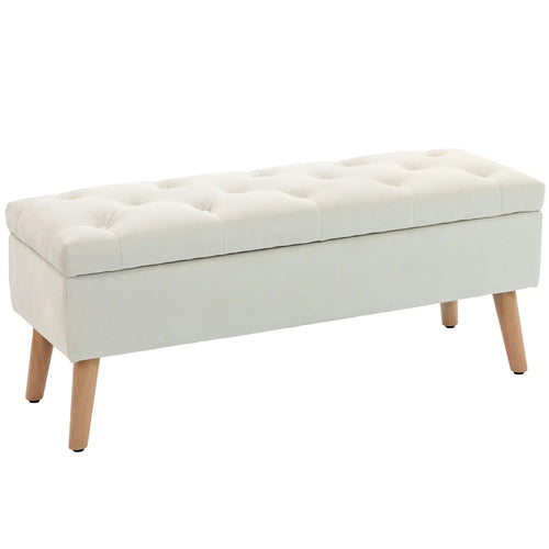 Storage Ottoman With Lid, Velvet Bench, Cream White
