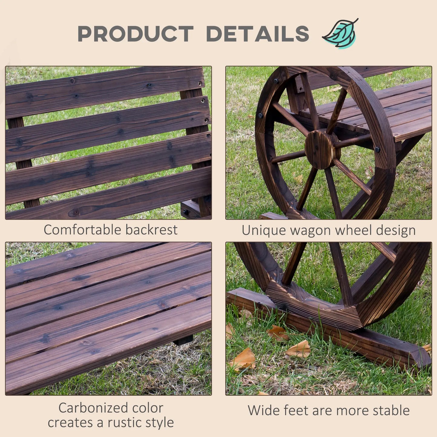 42" Wood Wagon Wheel Bench, Rustic Garden Loveseat, Brown Outdoor Benches at Gallery Canada