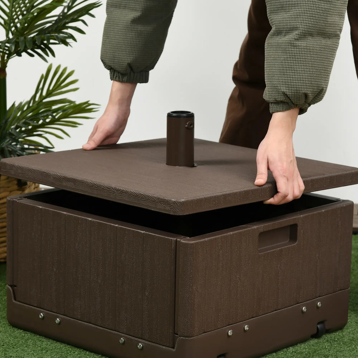 3-in-1 Outdoor Umbrella Base with Wheels, Side Table, Planter Box, 175lbs, Brown Umbrella Bases at Gallery Canada
